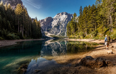 Braies lake during sunrise, popular Touristic Place in Dolomites Alps. Italy  Picture of wild area Europe. Wonderful nature Landscape