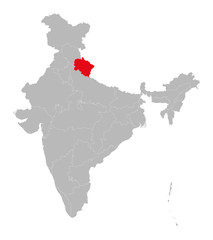Uttarakhand state highlighted red on indian map vector. Light gray background. Perfect for business concepts, backdrop, backgrounds, label, sticker, chart etc.