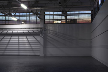 Night Time At Empty Hangar Interior or Empty Warehouse With Roller Shutter Door and Concrete Floor. 3d rendering