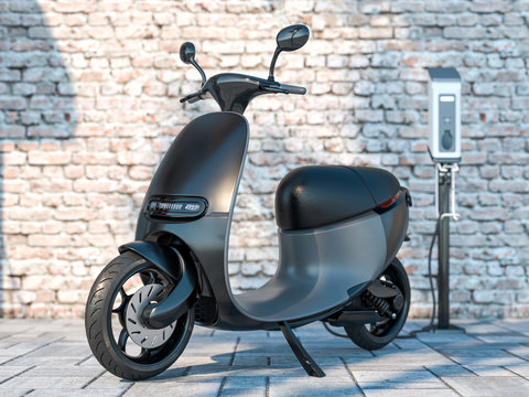 Black Electric Scooter With Electric Charger Near Brick Wall. Eco Alternative Transport Concept. 3d rendering.