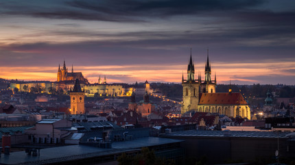 Fototapeta na wymiar Beautiful sunset view on city of Prague at the sunset from Jindrich tower, Prague