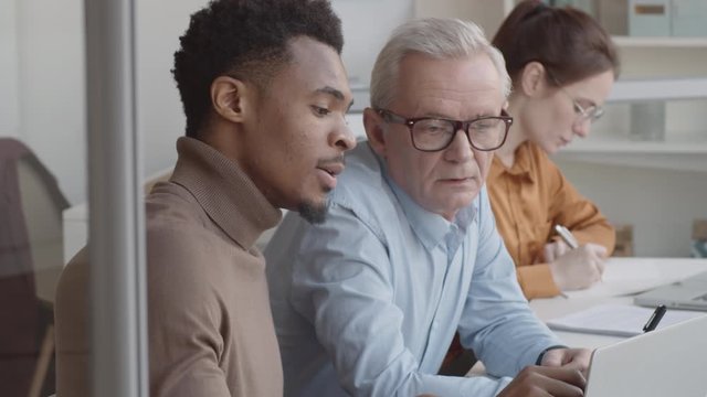 Chest-up shot of senior Caucasian man pointing at laptop screen and listening attentively while young Afro-American student giving detailed explanations of project