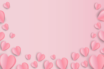 illustration of valentine day background with place text space. Pink hearts on pink background, paper art style.