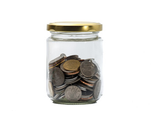 jar with coins isolated on white background