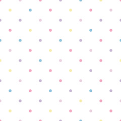 Vector seamless pattern pastel rainbow with yellow, blue, pink, purple polka dots and white background.