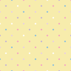 Vector seamless pattern pastel rainbow with white, blue, pink, purple polka dots and yellow background