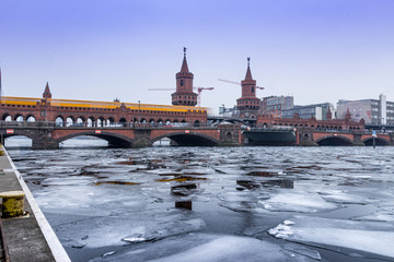 Ice Shells on the Spree at Oberbaum bridge in Berlin