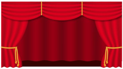 Theater curtain on white background. Theater stage. Decoration element. Classic cover design for decorative design. Red curtain. Isolated vector. Cinema premiere