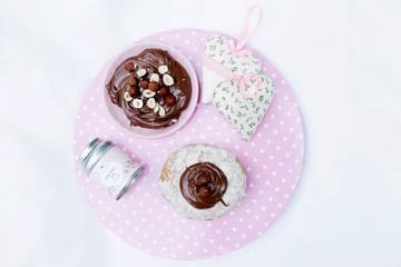 Sweet donut with chocolate, sweet breakfast. 