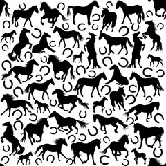 Seamless pattern with silhouettes of horses and horseshoes