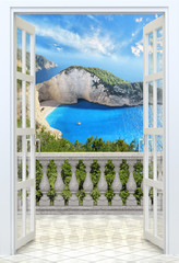 Balcony with concrete balustrade Ocean view from balcony - 3d rendering