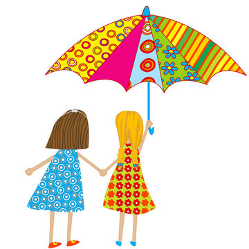 Two cartoon girls with an umbrella