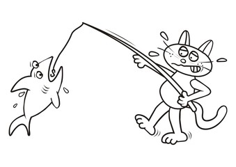Cat and shark, funny black and white illustration, contour drawing, eps.
