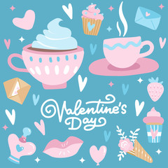 Valentines Day set with love elements, heart, overlays, line calligraphy, coffee cups and etc. Template for Sticker kit, Greeting, Congratulations, Invitations, Planners. Vector illustration