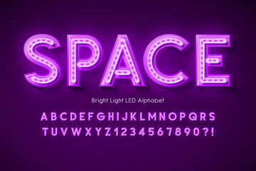 Neon light 3d alphabet, extra glowing modern font.