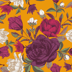 Vector floral seamless pattern with roses, tulips, apple blossom