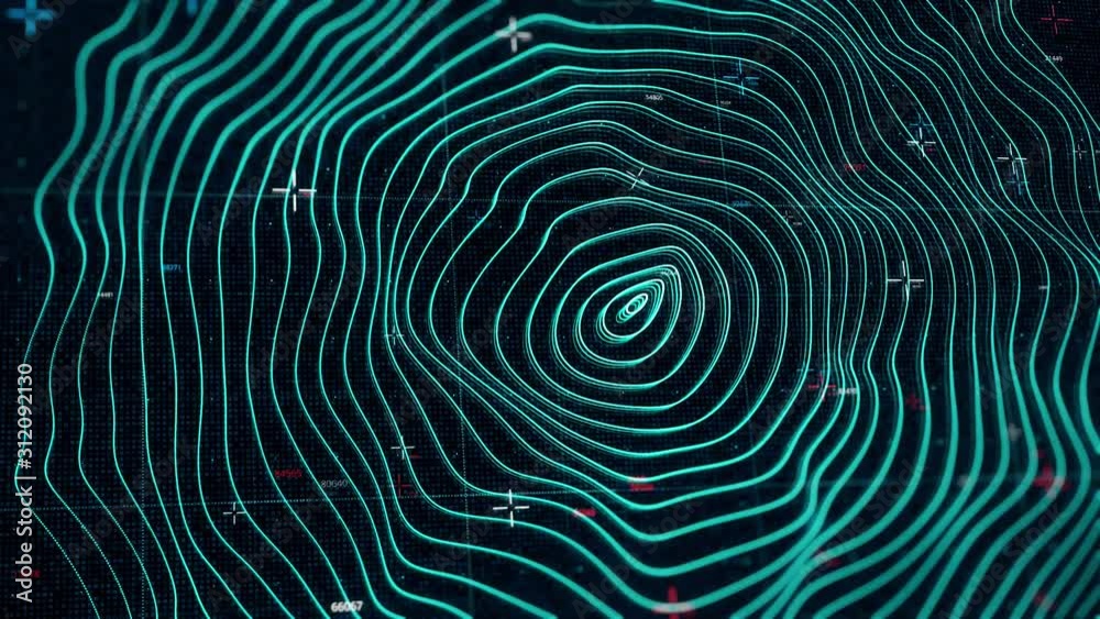 Wall mural animated abstract bended neon concentric circles on black background. animation. futuristic turquois