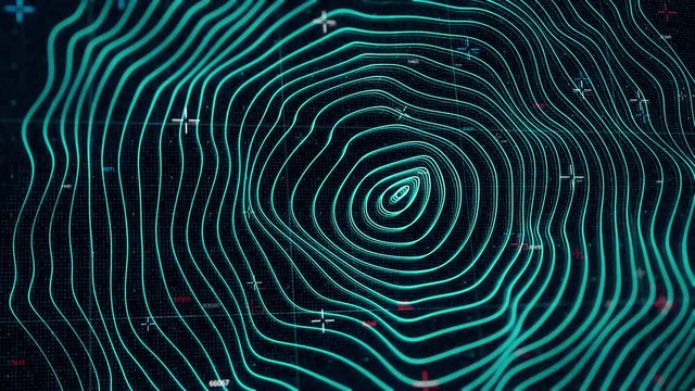 Animated abstract bended neon concentric circles on black background. Animation. Futuristic turquoise geo location program with wavy surface, seamless loop.