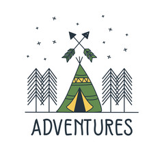 Outline drawn label with textured teepee vector illustration and "Adventures" inspirational lettering. © irina_rogo