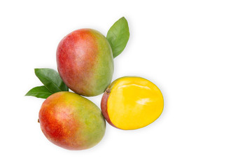 Mango on a white isolated background. Fresh, bright fruits. Flat lay. Top view.