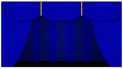 Theater curtain on white background. Theater stage. Decoration element. Classic cover design for decorative design. Blue curtain. Isolated vector. Cinema premiere