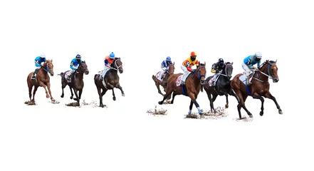 Foto op Plexiglas jockey paardenraces geïsoleerd op witte achtergrond © Dikkens