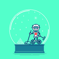 drawn robot in a glass ball on a blue-green background