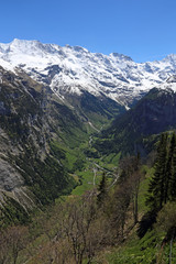 Fototapeta na wymiar The village of Stechelberg in the Lauterbrunnen valley, shot from the Murren in the Bernese Alps of Switzerland.