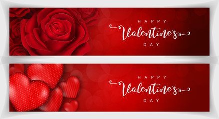 Happy Valentine's Day romantic realistic banner red background. Vector illustration for web. - obrazy, fototapety, plakaty