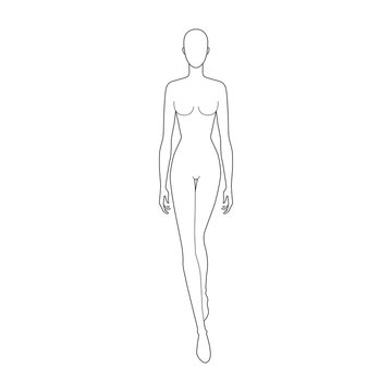 Fashion template of walking lady with main lines. 