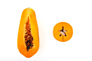 Carica Papaya On An Isolated White Background. Papaya slices, top view