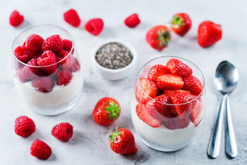 Greek yogurt Chia seeds strawberry and raspberry parfait
