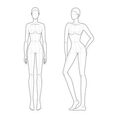Fashion template of women in standing poses with main lines.