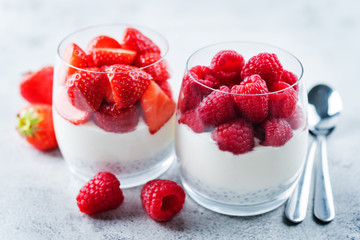 Greek yogurt Chia seeds strawberry and raspberry parfait