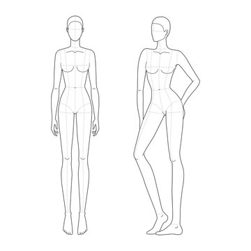 Fashion template of women in standing poses with main lines.