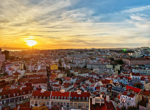 Beautiful sunset views at Graca Viewpoint in Lisbon Portugal © doleesi