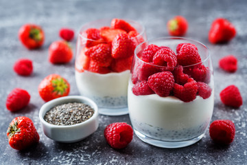 Greek yogurt Chia seeds strawberry and raspberry parfait