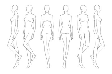 Fashion template of walking lady. 9 head size for technical drawing. 