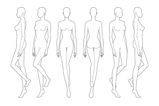 Fashion template of walking lady. 9 head size for technical drawing. 