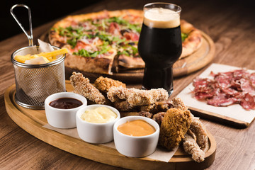 different snacks and main dishes for wine and beer