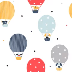 Papier peint Animaux avec ballon Modèle sans couture avec des animaux volant dans une montgolfière. Imprimé mignon pour enfants. Illustration vectorielle dessinés à la main.