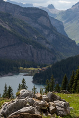 stone formation above oeschinen lake alps switzerland