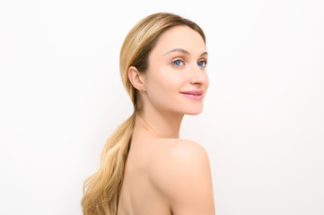 Fototapeta premium Beauty woman healthy skin care cosmetic concept. Female face portrait isolated. Spa model girl with perfect fresh clean skin. Youth, skin and hair care. Banner free space for text mockup