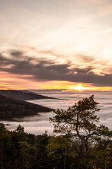 sunset landscape above clouds and fog