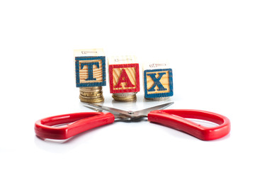 Tax Concept with wooden block on stacked coins,isolated white