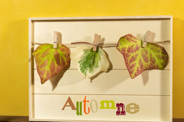 Tableau en bois avec une ficelle sur laquelle sont accrochées des feuilles rouges de l'automne avec le mot automne  écrit en français