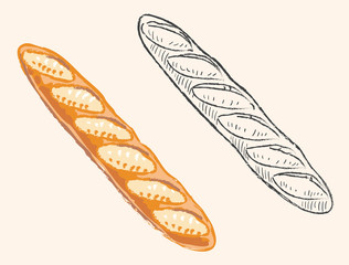 バゲット。パン素材。手書き風、スケッチ風のセット。