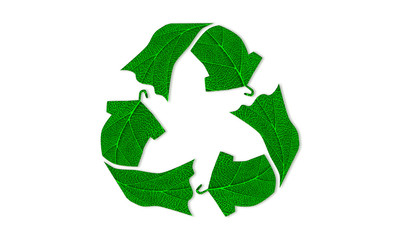 recycle clothes symbol recycle sign with leaf fabric texture, sustainable fashion concept