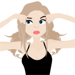 The girl drew funny eyebrows on her fingers. Vector art