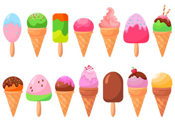 Ice cream big set. Cartoon frozen icecream dessert isolated on white. Vector illustration